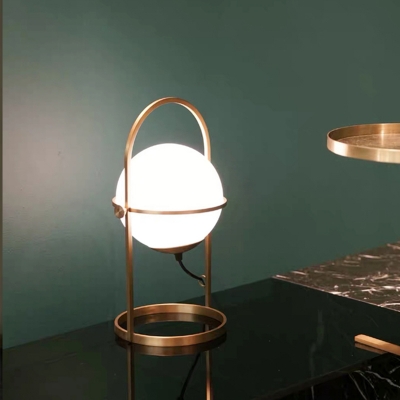 Postmodern Spherical Table Lighting Ivory Glass 1 Light Bedroom Night Lamp in Gold with Metal Frame
