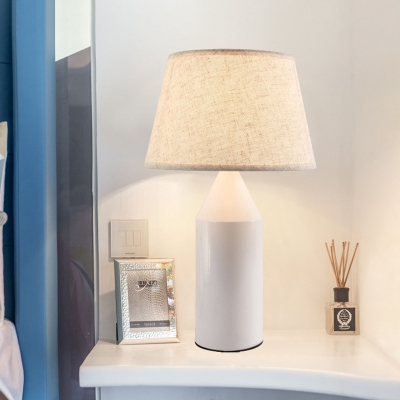 White Cone Nightstand Light Modern Style 1-Head Fabric Night Lamp with Metal Pencil Base