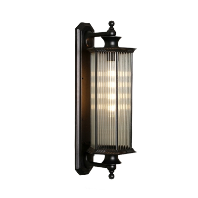 1 Bulb Clear Ribbed Glass Sconce Lighting Rustic Black Hexagon Outdoor Wall Mounted Lamp