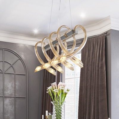 Amber Prismatic Glass Heart Island Pendant Contemporary 8-Light LED Ceiling Hang Fixture in Chrome