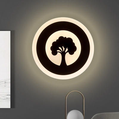 Black Circular Wall Mount Light Modernism LED Acrylic Flush Wall Sconce in White/Warm Light with Tree Pattern