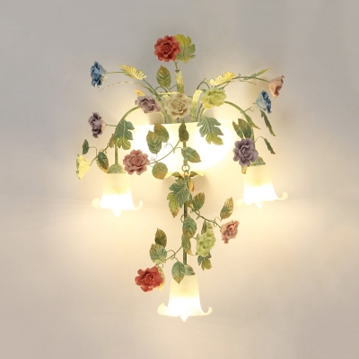 Bowl White Glass Wall Sconce Lamp Countryside 5 Heads Stair Wall Mounted Light with Flower and Leaf Decor
