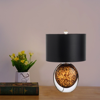 Fabric Drum Table Light Postmodern 1 Light Black Night Lamp with Egg-Shaped Glaze Base