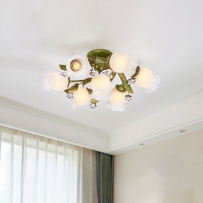 Green Spiral Semi-Flush Ceiling Light Korean Flower Milk Glass 4/7/9 Bulbs Dining Room Flush Mount Lamp