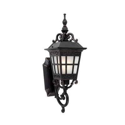 Metal Tower Shape Wall Mount Sconce Rustic 1-Bulb Outdoor Wall Lighting Fixture in Black with Cracked Glass Shade