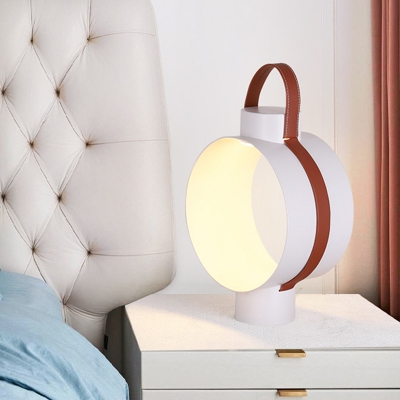 Metallic Circular Nightstand Lamps Minimalist White LED Table Light with Strap Design for Bedroom