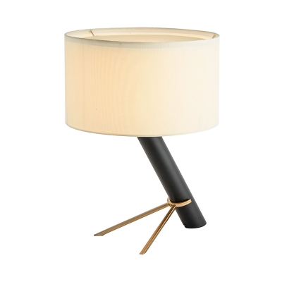 Nordic Style Drum Nightstand Light Fabric 1 Head Study Room Table Lamp in White with Pull Chain