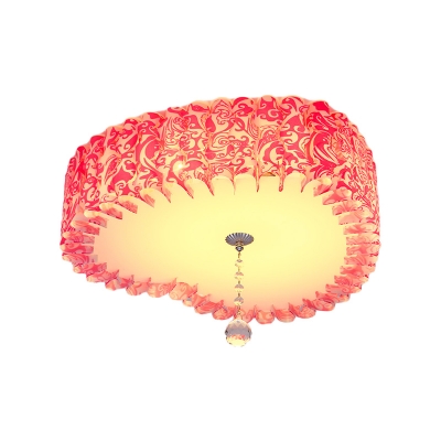 Pink LED Flush Mount Lamp Pastoral Acrylic Round/Loving Heart Ceiling Light with Crystal Ball in Warm/3 Color Light