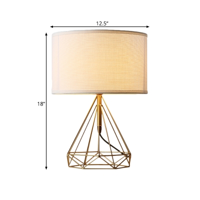 Simple Drum Fabric Table Light 1 Head Nightstand Lighting in White with Diamond Cage Metal Base