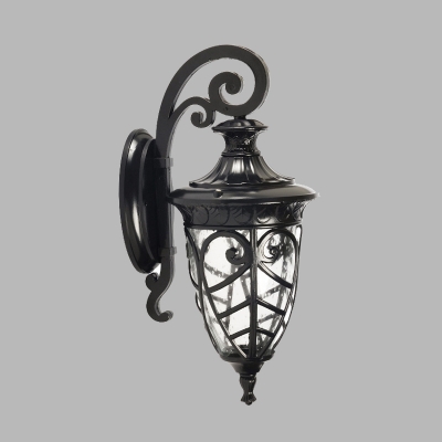 1 Head Wall Mount Light Rustic Outdoor Sconce Light Fixture with Urn Clear Seeded Glass Shade in Black