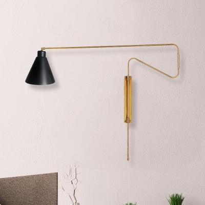 1 Light Long Curved Arm Sconce Industrial Coffee/Black/Gold Finish Metal Wall Lamp with Conical Shade
