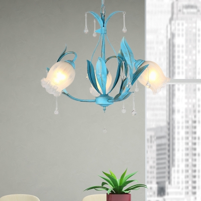 3/6-Head Floral Chandelier Pendant Light Romantic Pastoral Blue Frosted Glass Down Lighting for Dining Room