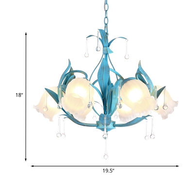 3/6-Head Floral Chandelier Pendant Light Romantic Pastoral Blue Frosted Glass Down Lighting for Dining Room