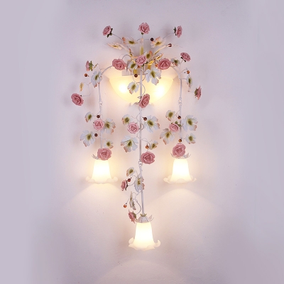 5-Bulb Sconce Lighting Pastoral Style Corridor Wall Lamp Fixture with Flower White Glass Shade