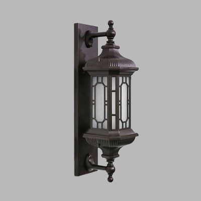 Black Lantern Wall Light Sconce Rustic Frosted Glass 1-Head Outdoor Wall Mount Lamp