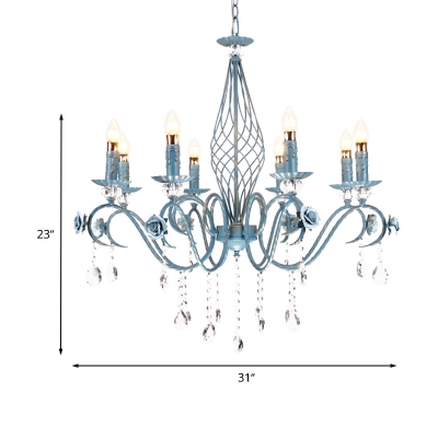 Candle Metal Suspension Lighting Pastoral 3/5/8 Bulbs Bedroom Pendant Chandelier in Blue with Clear Crystal Drop