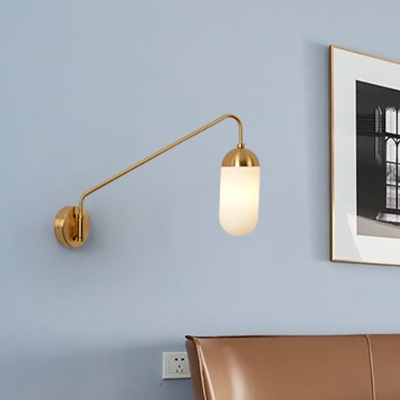 Capsule Bedside Sconce Lighting White Glass 1 Head Postmodern Long Arm Wall Mounted Lamp in Brass