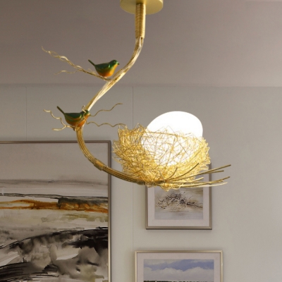 Frosted Glass Oval Ceiling Light with Nest and Bird Art Deco 1 Light Foyer Pendant Light in Gold