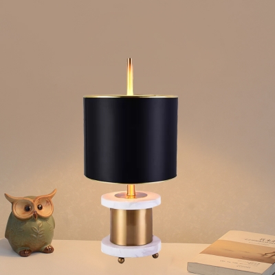 Luxurious Cylindrical Fabric Table Light 1-Bulb Night Lighting in Black with Round Marble and Metal Base