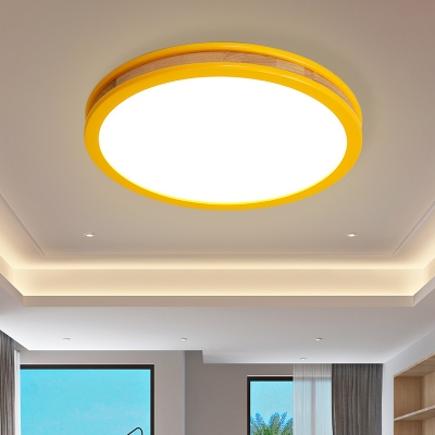 Macaroon Circle Flush Light Fixture Wood LED Bedroom Flush Mounted Lamp in Yellow, 12