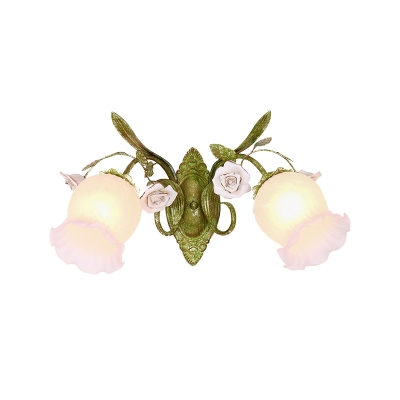 Pastoral Style Floral Sconce Fixture 1/2-Light Cream Glass Wall Mounted Light in Green for Living Room