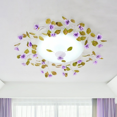 Purple LED Semi Mount Lighting Romantic Pastoral White Glass Bowl Flushmount Ceiling Lamp with Flower Decor, 23