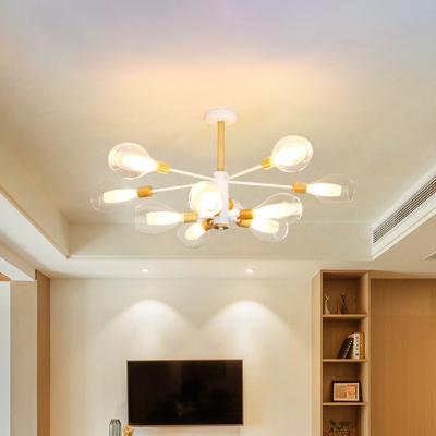 Radial Living Room Semi Flush Ceiling Light Wood 10-Bulb Modernism LED Flush Mount in White with Tulips Clear Glass Shade