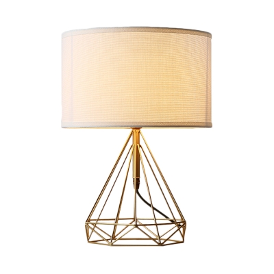 Simple Drum Fabric Table Light 1 Head Nightstand Lighting in White with Diamond Cage Metal Base