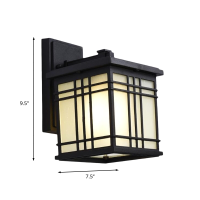 1-Light Wall Mount Sconce Lodges Outdoor Wall Light Fixture with Cuboid Opal Glass Shade in Black