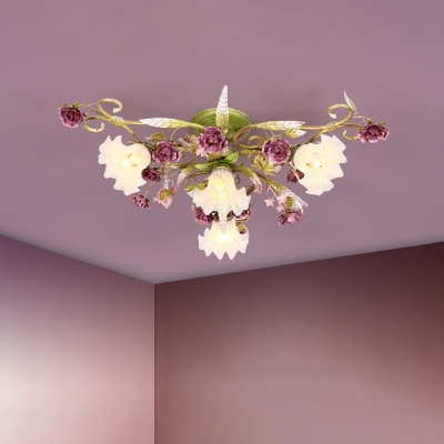 4-Light Milk Glass Flushmount Korean Flower Green Scalloped Living Room Semi Flush Light Fixture