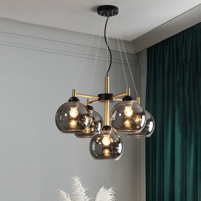 5 Bulbs Living Room Chandelier Lamp Modernist Black Hanging Ceiling Light with Global Amber/Smoke Gray Glass Shade