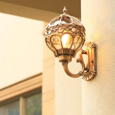 Black/Brass Globe Frame Sconce Light Farmhouse Metal 1-Bulb Outdoor Wall Lamp Fixture with Clear Glass Shade