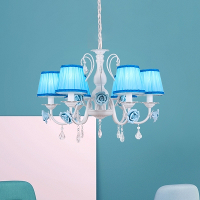 Blue Cone Suspended Lighting Fixture Korean Flower Fabric 3/6/8-Bulb Bedroom Chandelier Light with Crystal Drop
