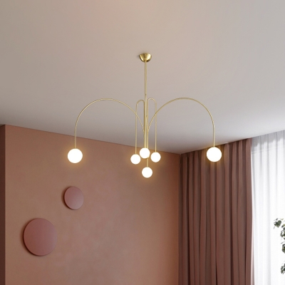 Brass Orb LED Suspension Light Postmodern 6 Lights Opal Frosted Glass Pendant Chandelier with Arc Arm