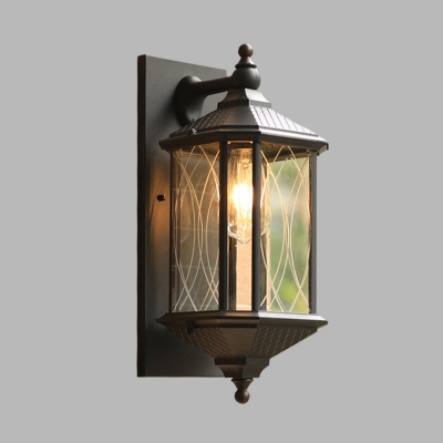 Clear Glass Lantern Wall Light Fixture Country 1 Head Outdoor Wall Sconce Lamp in Coffee