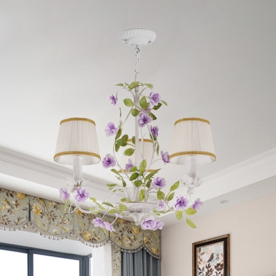 Countryside Barrel Hanging Ceiling Light 3/6/8 Lights Fabric Chandelier in White with Purple Flower Accent