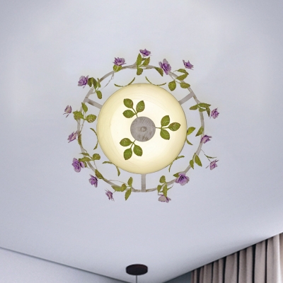 Domed White Glass Flush Mount Light Pastoral Style 2 Heads Bedroom Flushmount Lighting with Bloom Design