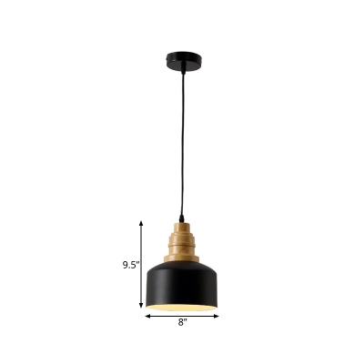 Drum Shade Drop Pendant Modern Metallic 1 Light Black Finish Hanging Ceiling Light with Wood Cap