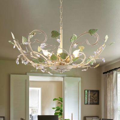 Iron White Ceiling Pendant Open Bulb 6 Heads Korean Garden Hanging Chandelier with Crystal Accent