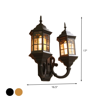 Metallic Hexagon Sconce Lighting Lodges 2 Heads Outdoor Wall Lamp Fixture in Black/Brass with Double Arm