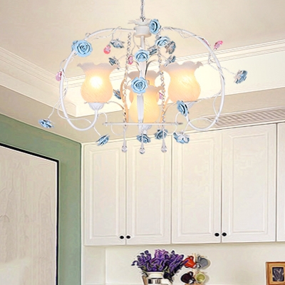 Pastoral Rose Pendant Chandelier 4 Bulbs White Glass Suspension Light with Metal Curvy Arm