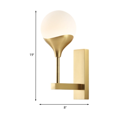 Post Modern 1 Light Angled Arm Sconce Brass Sphere LED Wall Lamp Fixture with Frosted White Glass Shade