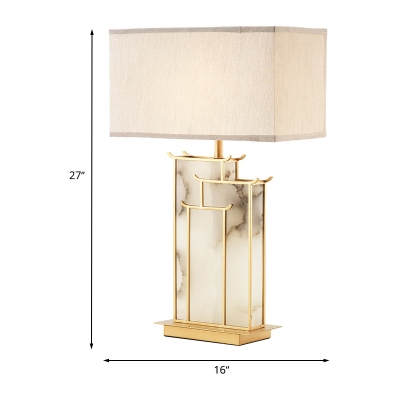 Rectangle Desk Light Modernist Fabric 1 Light White Night Table Lamp with Golden Frame and Marble Panel Deco