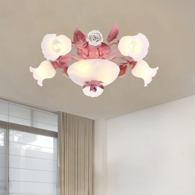 Romantic Pastoral Floral Ceiling Flush 5/7/11 Heads White Glass Semi Flush Mount Light in Pink for Living Room