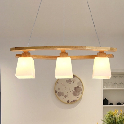 Trapezoid White Glass Multi Light Pendant Modernist 3-Head Wood Ceiling Suspension Lamp