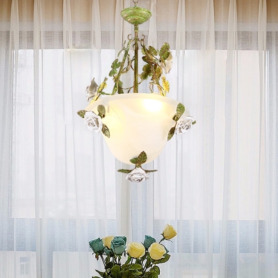 White Glass Bowl Ceiling Chandelier Korean Flower 2/3 Bulbs Living Room Hanging Pendant Light