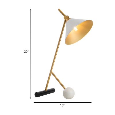 Wide Flared Metal Table Lighting Modernist LED White Desk Lamp with Tube and Ball Marble Base
