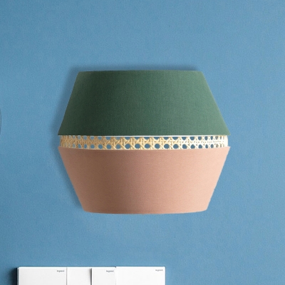 1 Bulb Bedside Flush Wall Sconce Macaron Green and Pink Wall Mounted Light with Semi Drum Fabric Shade