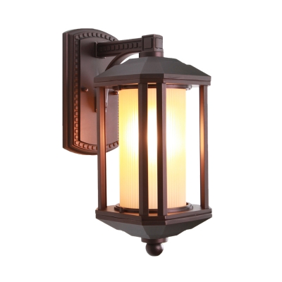1-Bulb Wall Mount Sconce Lodges Outdoor Wall Lighting Fixture with Cylinder White Glass Shade in Dark Coffee