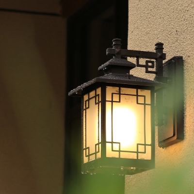 1-Light Sconce Light Fixture Rustic Window Dressing Milk Glass Outdoor Wall Lamp in Black